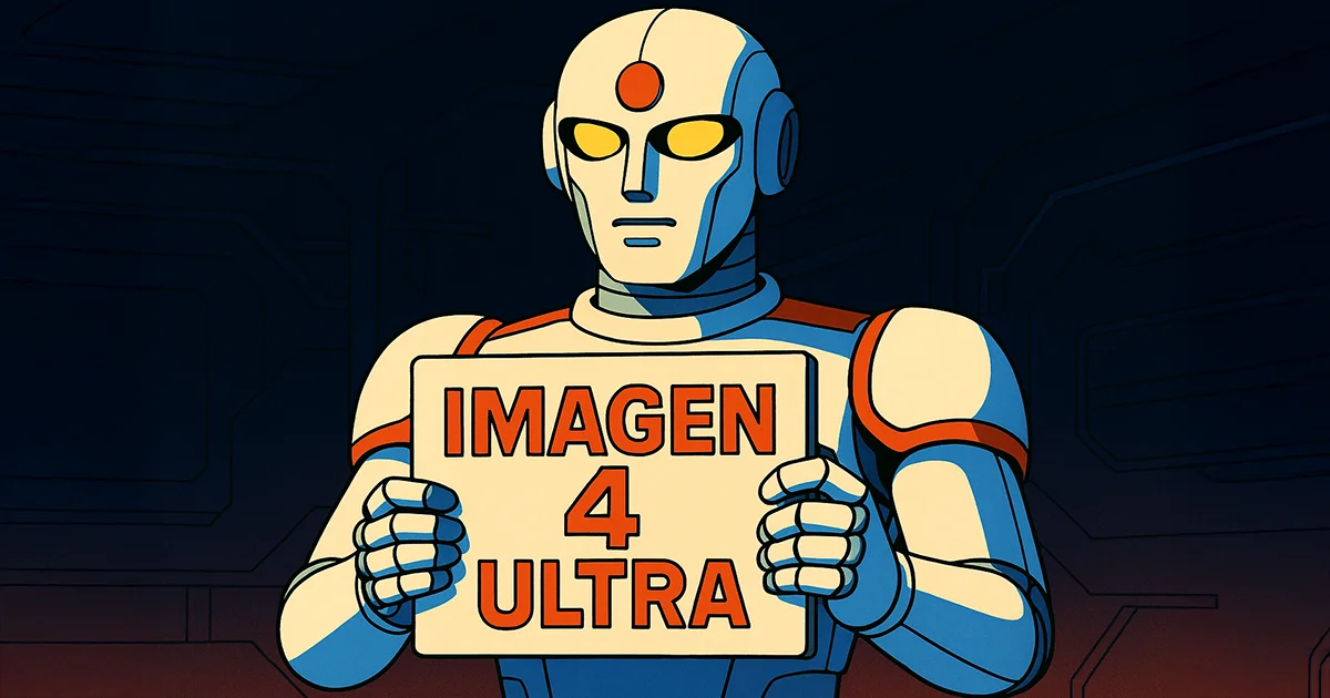 Roboter hält Imagen4 Schild hoch